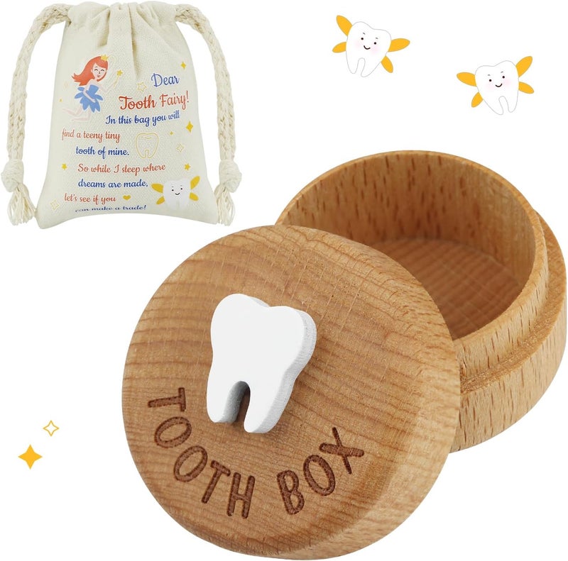 freespace Tooth Fairy Box 3D Carved Wooden Box Souvenir Dropped Tooth Keepsake Storage Box Gift for Boy or Girl (with tooth fairy bag) - Image 1
